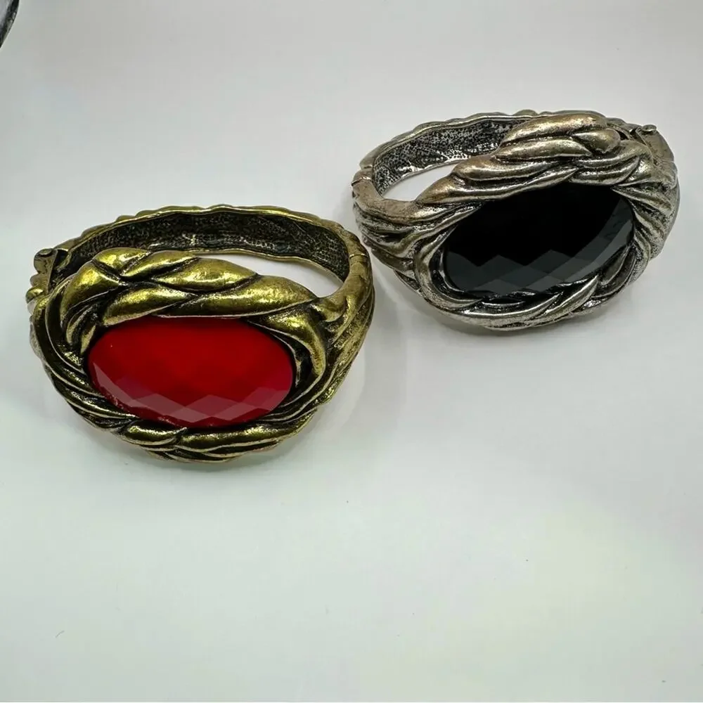 Set of 2 Hinged Faceted Bangle Bracelets Red Black Costume Jewelry Heavy